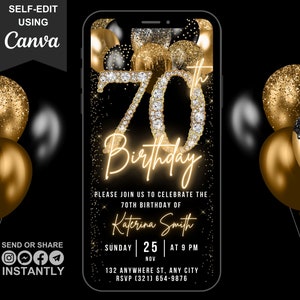 Faire-part 70e anniversaire numérique pour homme, Ecard 70 invitation, invitation à une soirée vidéo virtuelle avec ballon en or noir et diamant pour lui, modèle modifiable