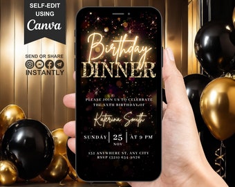 Digital Birthday Dinner Invitation, Animated Gold Black Birthday Invite, Black Tie Evite For Women, Self Editable Template eCard For Her