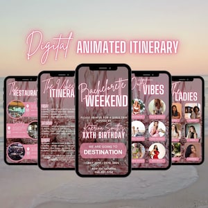 Invitación digital para despedida de soltera, itinerario de viaje animado, programa de viaje de vacaciones en Las Vegas en oro rosa, plantilla de planificador editable