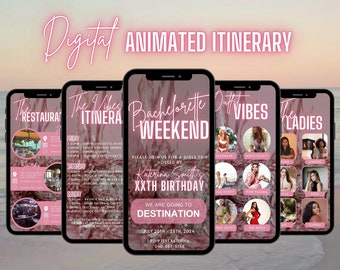 Digital Bachelorette Weekend Invitation, Animated Travel Itinerary, Rose Gold Las Vegas Vacation Schedule Trip, Editable Planner Template