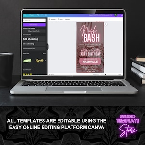 May include: A pink and black digital invitation for a birthday party. The invitation says "Nash Bash" and features a glittery background. The text says "Please join us for a girls trip hosted by Katerina Smith's XXth Birthday. We are going to Nashville. July 20-25, 2024. RSVP Text Katerina 040-857-5156."