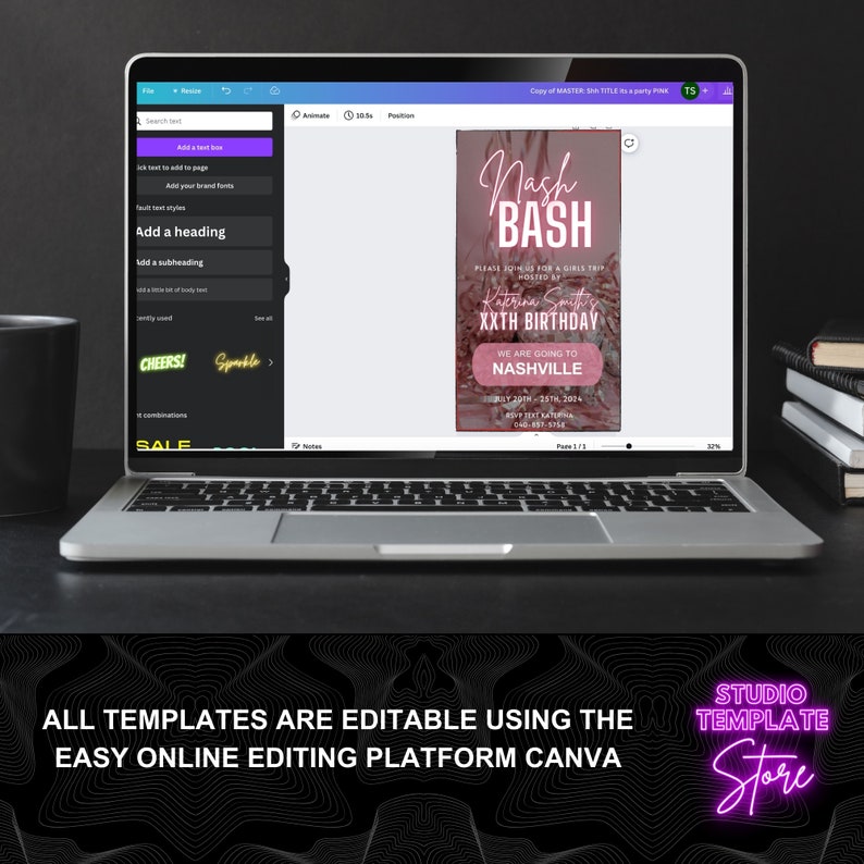 May include: A pink and black digital invitation for a birthday party. The invitation says "Nash Bash" and features a glittery background. The text says "Please join us for a girls trip hosted by Katerina Smith's XXth Birthday. We are going to Nashville. July 20-25, 2024. RSVP Text Katerina 040-857-5156."