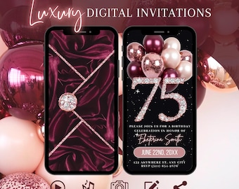 Digital 75th Birthday Invitation, Rose Gold Burgundy Dinner Invite For Women, Envelope Brunch Maroon Evite, Self Edit DIY Template Ecard