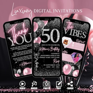 Digital 50th Birthday Invitation, Animated 50th Blush Pink Invite For Women, Dinner Party Evite For Her, Self Editable Itinerary eCard