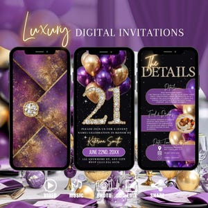 Purple Gold 21st Birthday Invitation, Digital Envelope Animated Invite, Diamond Brunch Evite, Dinner Party Editable Template Ecard For Women