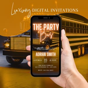 Digital VIP Party Bus Invitation, Boys Limo Birthday Party Invite, Orange Bus Evite For Men, Party Bus Evite, Self Edit Template eCard