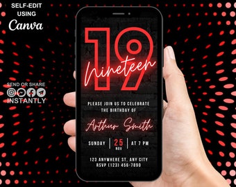 Digital 19th Birthday Party Red Neon Invitation, Electronic Phone Text Message Evite, Editable Animated Template Invite For Boys Girls