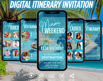 Invitación digital de fin de semana en Miami, itinerario animado de viaje a Biscayne, programa de viaje de cumpleaños azul moderno, plantilla de planificador editable