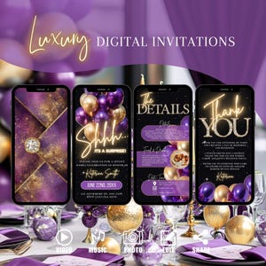 Surprise Party Birthday Invitation, Purple Gold Digital Shhh Its A Surprise Invite, Modern Evite For Women, Editable Envelope Template eCard
