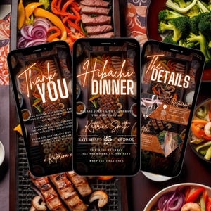 Digital Hibachi Flyer Invitation, Electronic Birthday Dinner Party Invite, Red Japanese Food Video Evite, Self Editable DIY Itinerary eCard