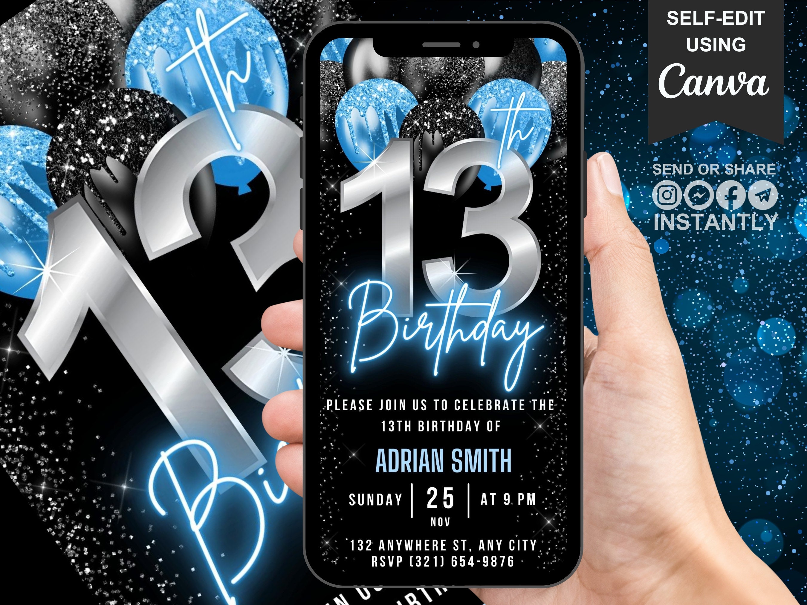 Digital 13th Birthday Invitation for Boys, Animated 13th Birthday Invite, Teenager Evite Neon Blue 13 Year Old, Self Editable Phone eCard