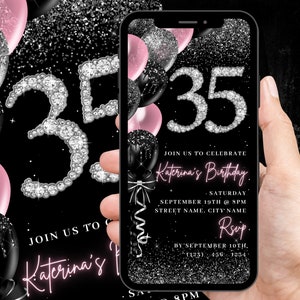Invitación digital para 35 cumpleaños, invitación animada en rosa ruborizado para chicas, linda tarjeta electrónica de diamante para mujer, plantilla autoeditable