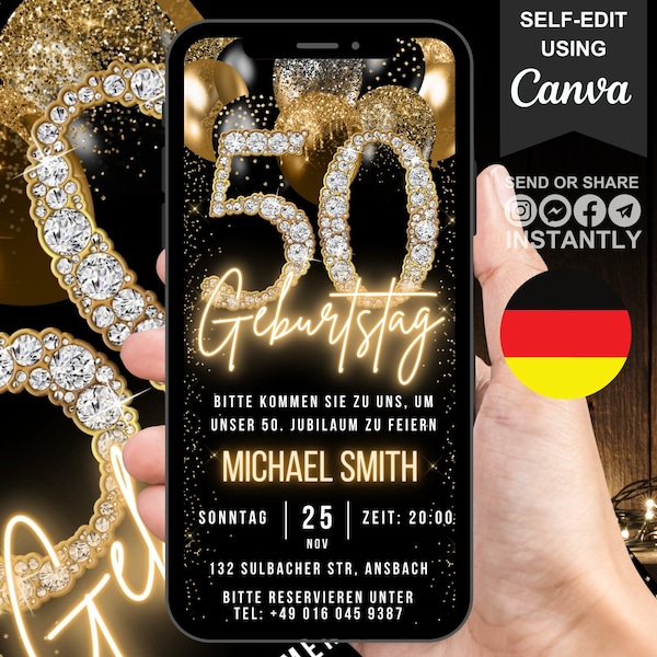 Deutsche digitale eCARD-Einladung zum 50. Geburtstag, animierte schwarzgoldene Fifty Partyeinladung für Sie oder Ihn, bearbeitbare Vorlage