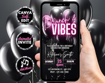 Invitación digital de cumpleaños con brunch y buen rollo, invitación animada para chicas en rosa y negro, plantilla autoeditable para fiesta de damas.