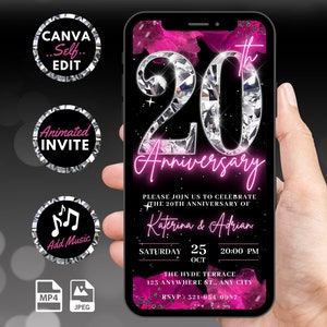 Invitación digital para el 20.º aniversario, invitación animada rosa para fiesta, boda "We Still Do" con Evite, tarjeta electrónica autoeditable sorpresa de renovación de votos.