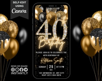 Digital 40th Birthday Invitation For Men, 40 Invite Ecard, Virtual Black Gold Balloon Diamond Forty Party Invite For Him, Editable Template