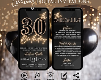 Digital 30th Birthday Party Invitation, Animated Black Gold Dinner Invite For Women, Brunch Evite For Him, Self Editable DIY Itinerary eCard
