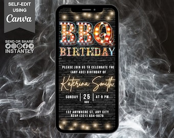 Digitale BBQ-verjaardagsuitnodiging, geanimeerde achtertuin Bday BBQ-uitnodiging, Patio Grill & Chill Summer Cookout Evite, bewerkbare sjabloon e-card