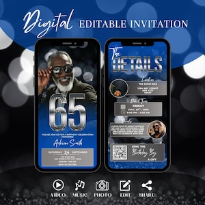Editable 65th Birthday Invitation for Men, Dinner Party Evite, Classy Blue and Silver Digital Template, Social 65th Milestone Party Template