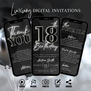 Mens 18th Birthday Party Invitation, Digital Silver Dinner Invite For Men, Eighteenth Video Evite For Him, Self Editable DIY Template eCard