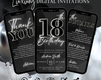 Mens 18th Birthday Party Invitation, Digital Silver Dinner Invite For Men, Eighteenth Video Evite For Him, Self Editable DIY Template eCard