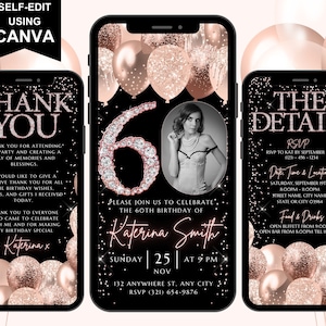 Digital Sixty 60th Birthday Invitation Template, Electronic Day Itinerary, Rose Gold Confetti Invite, Thank You Ecard, Personal Image Photo