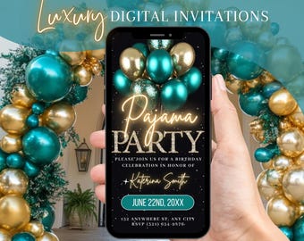 Invitación a fiesta de pijamas de cumpleaños para adultos, fiesta de pijamas, invitación para fiesta de chicas en verde azulado y dorado, tarjeta electrónica para despedida de soltera