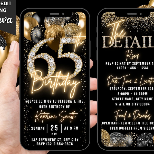 Digital 65th Birthday Invitation, 65 Invite, Black Gold Balloon Diamond Video Party Invite For Black Tie Gala, Self Editable Itinerary eCard