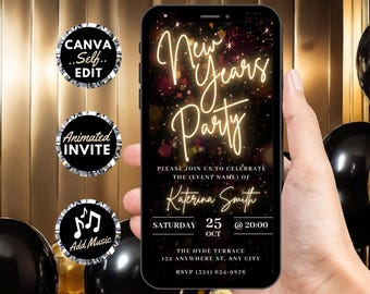 Puede incluir: Una invitación digital en negro y dorado para una fiesta de Año Nuevo. La invitación presenta un fondo brillante con el texto "Fiesta de Año Nuevo" en amarillo neón. La invitación incluye la fecha, la hora y la ubicación de la fiesta. El texto "Katerina Smith" también está incluido.
