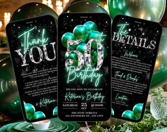 Digital 50th Birthday Invitation, Animated Green Fifty Diamond Dinner Party Invite, Brunch Evite For Women, Mens Self Edit Itinerary eCard