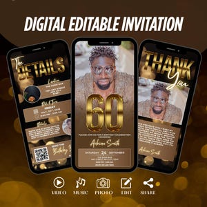 Stylish 60th Birthday Digital Invite For Adults, Editable Dinner Party Invitation for Men, Elegant Black and Gold Evite, Luxury Template