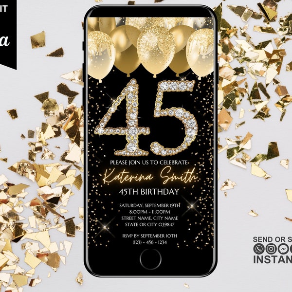 Digitale Einladung zur 45. Geburtstagsparty, animierte Black Gold Diamond-Einladung für Frauen, Abendessen für Sie, selbst bearbeitbare Vorlage eCard