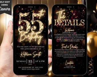 Invitación digital en video para fiesta de 55 cumpleaños, invitación a cena de 55 cumpleaños para mujeres, brunch sorpresa de E-mail para hombres, tarjeta electrónica con itinerario personalizable