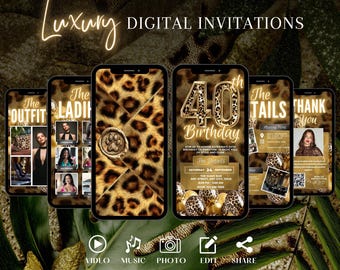 Invito digitale per il 40° compleanno, festa con stampa leopardata, modello di invito modificabile in oro ghepardo