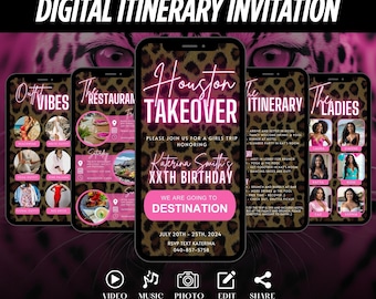 Digital Houston Takeover Girls Trip Itinerary Invitation, Birthday Travel Texas Vacation, Pink Leopard Weekend Getaway Schedule Planner