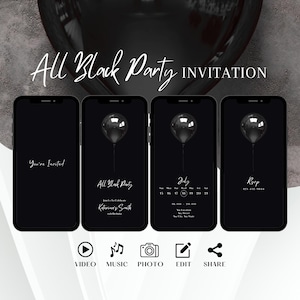 Minimalist All Black Party Invitation, Elegant Animated Birthday Invite, Men Party Evite, Classy Digital Template, Women&#39;s Editable Ecard