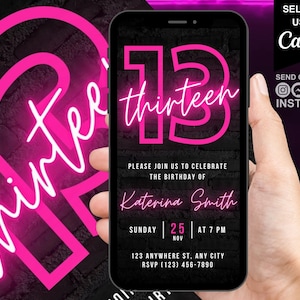 Digital 13th Birthday Party Pink Neon Invitation, Video Text Message Evite, Editable Animated 13th Invite Template, Teen Birthday For Girls