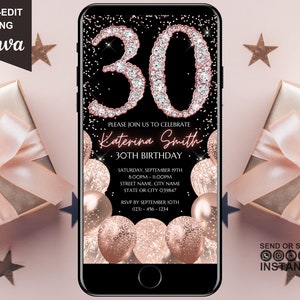 Digitale Einladung zum 30. Geburtstag, elektronische Party-Einladung zum 30. Geburtstag, Rosegold-Diamanten, sofortiger Download-Text Evite, bearbeitbare Vorlage