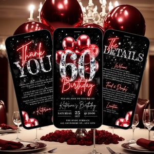 Digital 60th Birthday Invitation, Animated Red Sixty Diamond Dinner Party Invite, Brunch Evite For Women, Self Editable Itinerary eCard