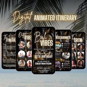 May include: A digital itinerary for a girls trip to Bali, hosted by Katerina Smith for her 30th birthday. The itinerary includes a list of activities, outfits, restaurants, and the crew attending the trip. The background features a sparkling champagne glass and gold confetti.