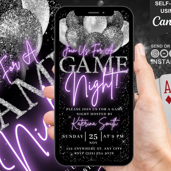 Digital Game Night Invitation, Animated Purple Family Come Join Us Party Invite, 30th Birthday Adult Casino Evite, Editable Template eCard