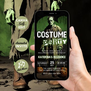Digital Halloween Costume Party Invitation, Download Green Zombie Video Invite, Gothic Monster Evite, Self Edit DIY Template Event eCard