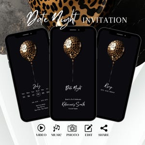 Convite elegante de leopardo para encontro noturno, convite de aniversário minimalista animado, convite de festa com estampa de chita dourada, modelo de cartão eletrônico feminino digital elegante