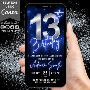 Faire-part d'anniversaire vidéo numérique pour 13e anniversaire, invitation animée pour treize anniversaires pour garçons, Evite bleu néon chromé pour adolescents, carte virtuelle modifiable