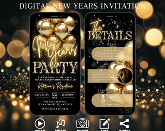 Puede incluir: Una invitación digital para una fiesta de Nochevieja con globos dorados sobre un fondo negro. El texto dice "New Year's Party" e incluye la fecha, la hora y la ubicación del evento. La invitación también incluye una foto del anfitrión y un código QR.