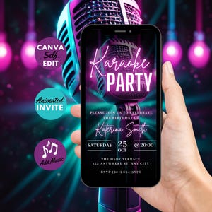 Op de afbeelding: Een digitale uitnodiging voor een karaokefeest met een neonroze en blauwe microfoonafbeelding. De uitnodiging bevat de tekst "Karaoke Party", "We nodigen u uit om de verjaardag van Katerina Smith te vieren", "Zaterdag 25 oktober om 20:00 uur", "The Hyde Terrace 132 Anywhere St. Any City" en "RSVP (321) 654-9876".