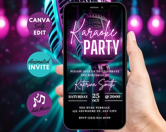 Digital Karaoke Invitation, Animated Birthday Music Night Party Invite, Singing Musical Purple Event Evite, Self Editable DIY Template eCard