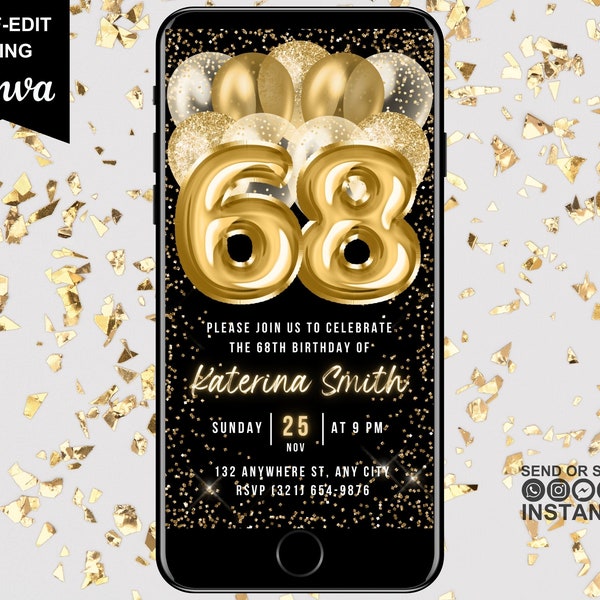 Digital 68th Birthday Invitation, Animated Gold Balloon Brunch Invite For Her, Dinner Party Evite For Women, Self Editable Template eCard