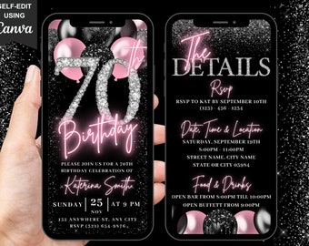 Digital 70th Birthday Invitation, Animated Seventy Blush Pink Invite, Milestone Brunch Dinner Party Women Evite, Editable Itinerary eCard