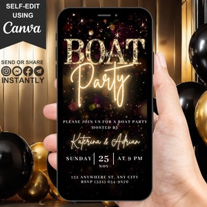 Digital Boat Party Invitation, Animated Yacht Party Invite, Gold Diamond Cruise Summer Boat Party DIY Evite, Self Editable Template eCard